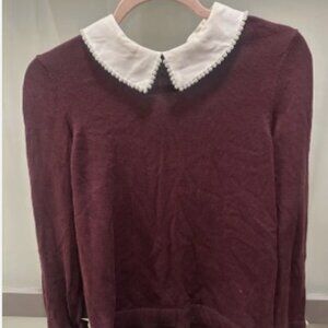 CeCe Burgundy Pullover Sweater XS Pearl Collar Pleated Cuffs Long Sleeve